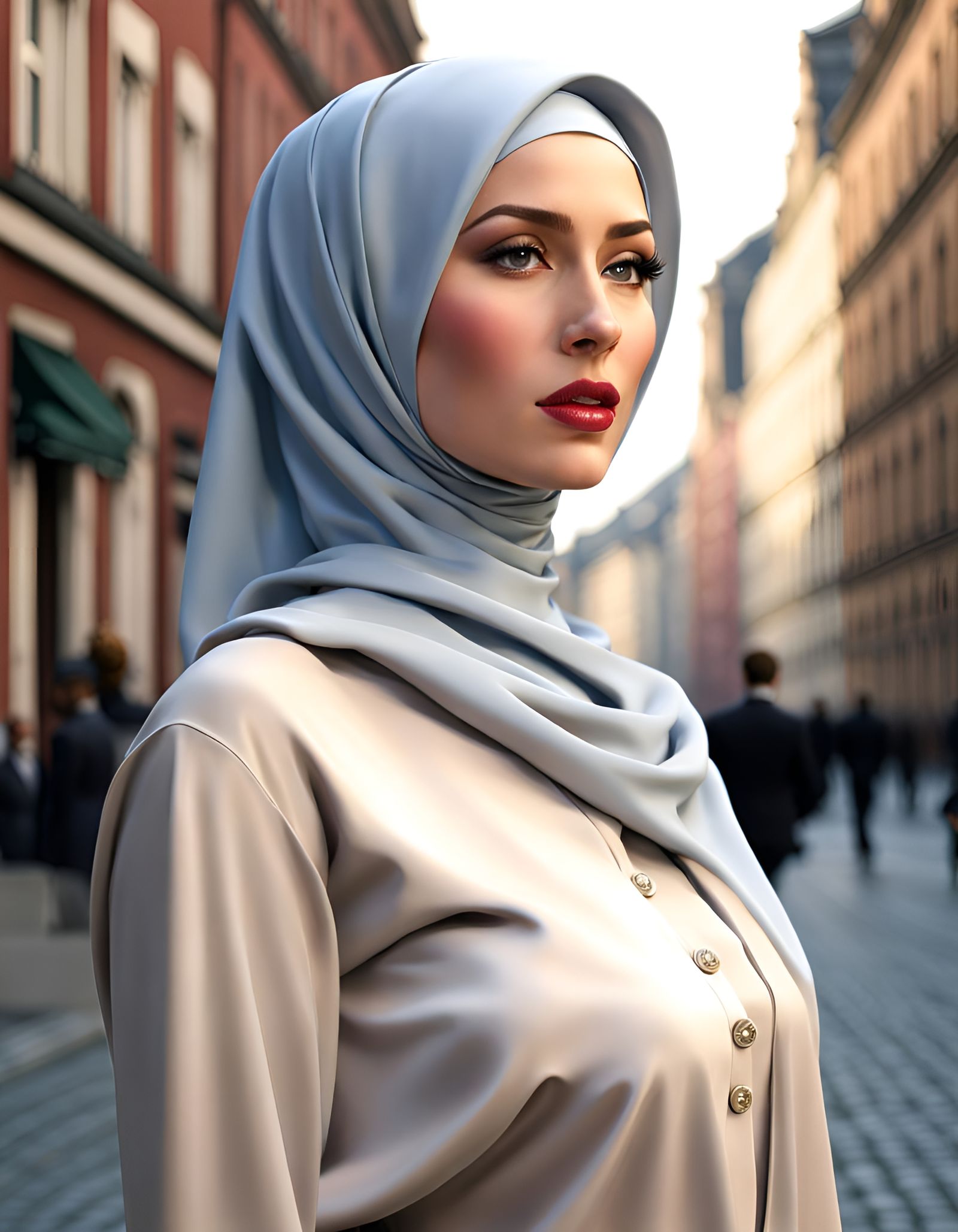 Woman in Hijab Walks Hamburg: Photorealistic Portrait
