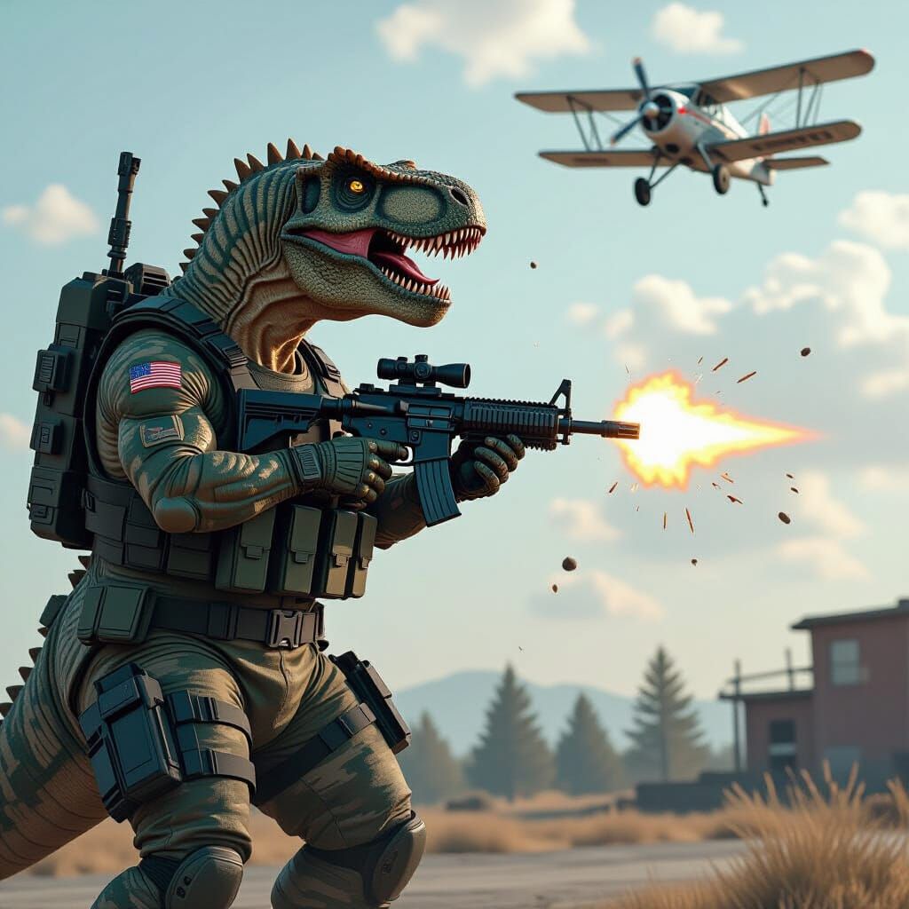 T-Rex with Mini Guns Fights Biplane in Cinematic Style