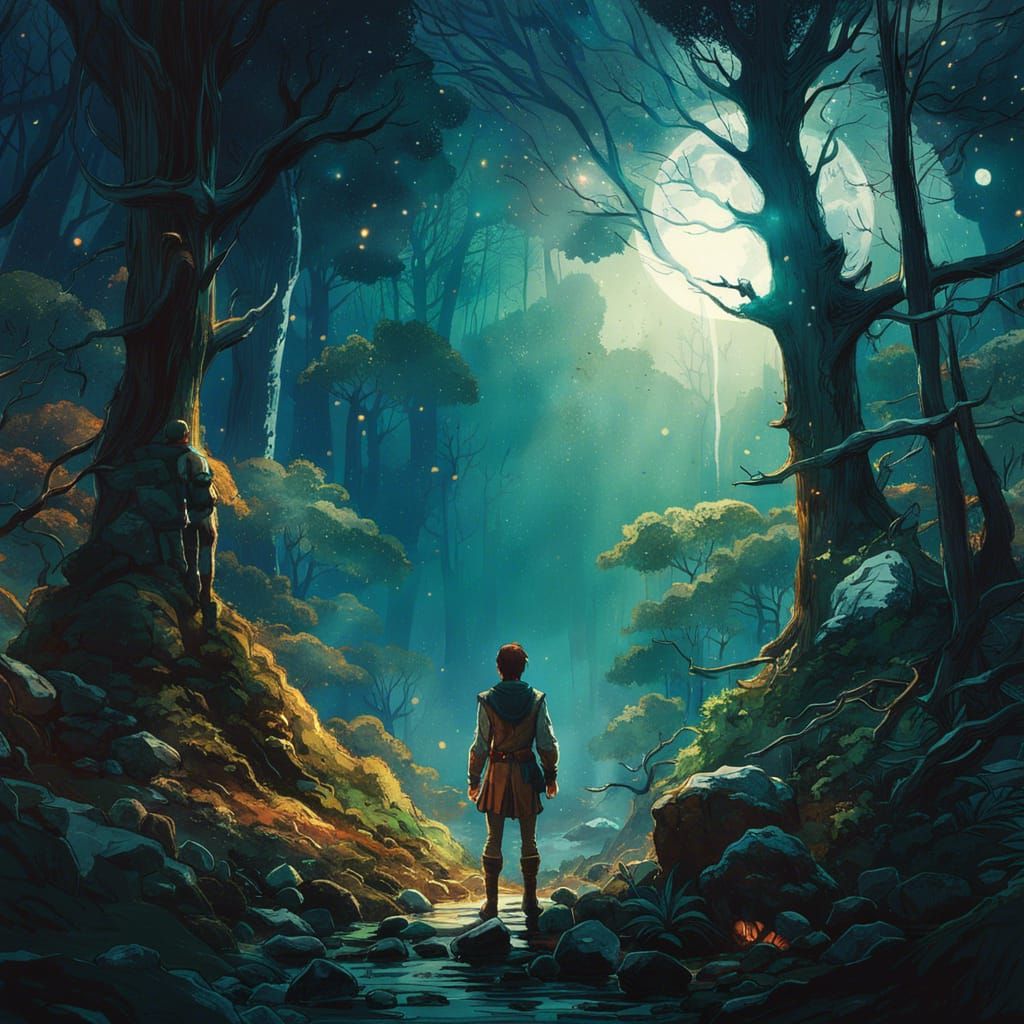Elf in Moonlit Forest, Anime Style