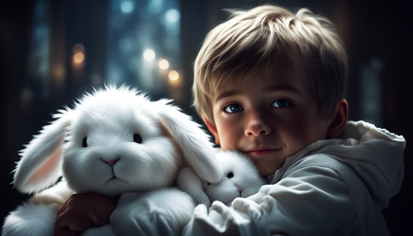 Happy Child Snuggles Furry Bunny in Digital Painting