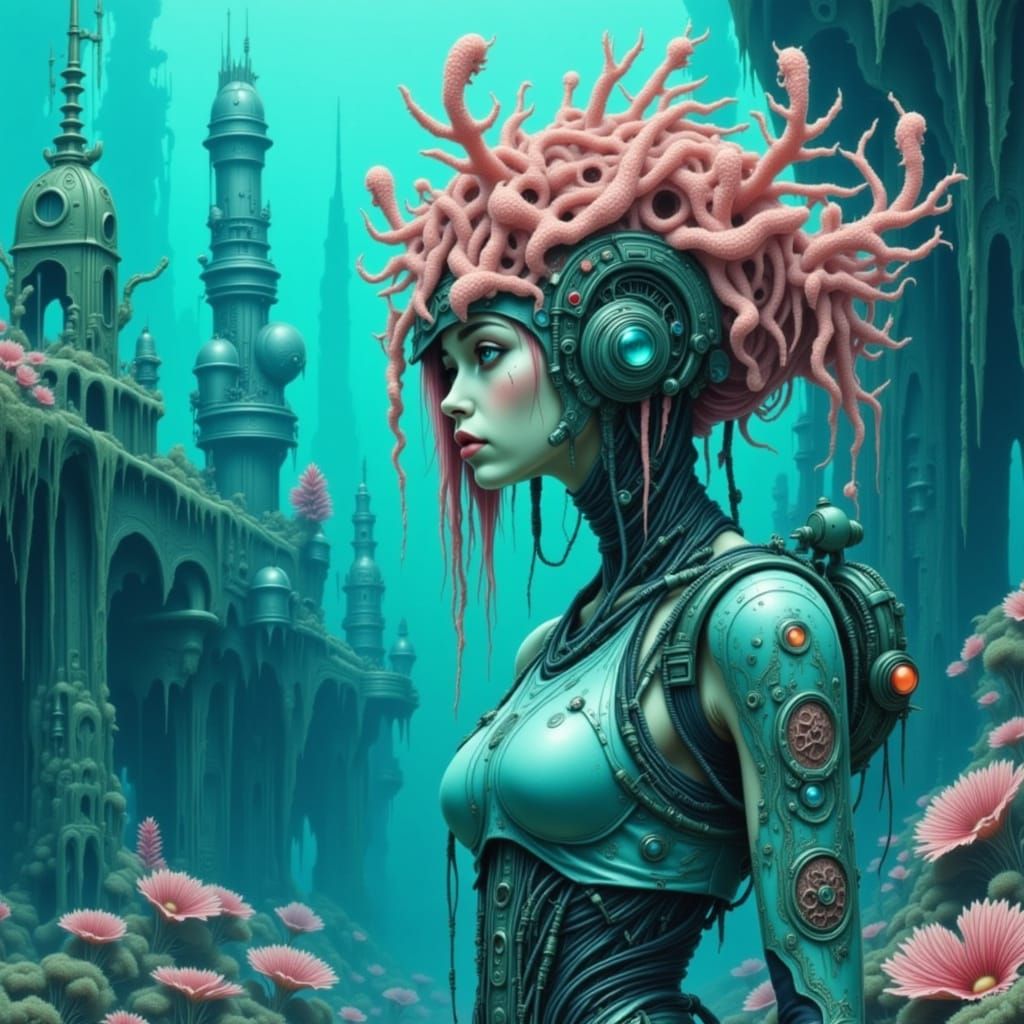 Cyberpunk Girl Overlooks Sunken Ship Aquatic Landscape