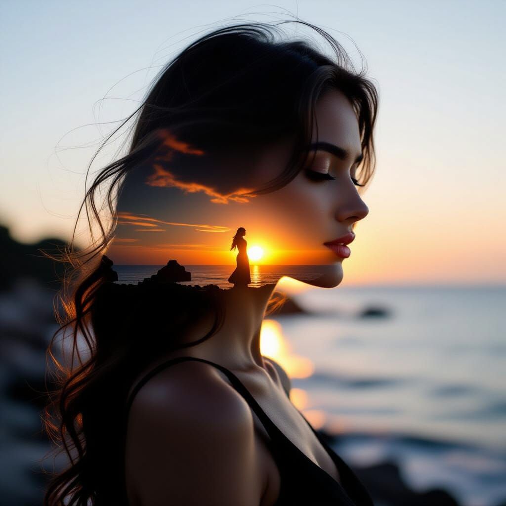 Goddess Silhouette Merged with Sunset Coast in Double Exposu...