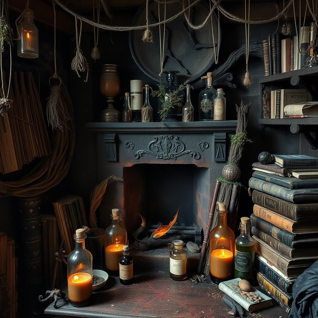 Creepy Witch's Den with Potions and Spellbooks