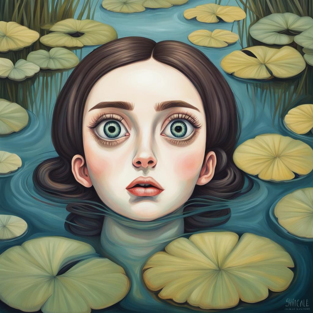 Woman with Large Eyes in Pond, Keane Style