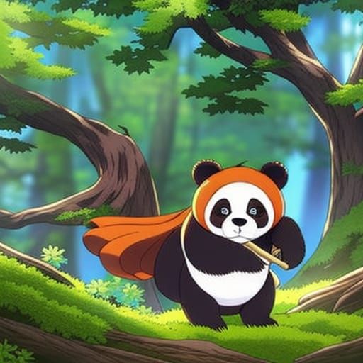 Cute Cartoon Panda Bear in Anime Style Forest