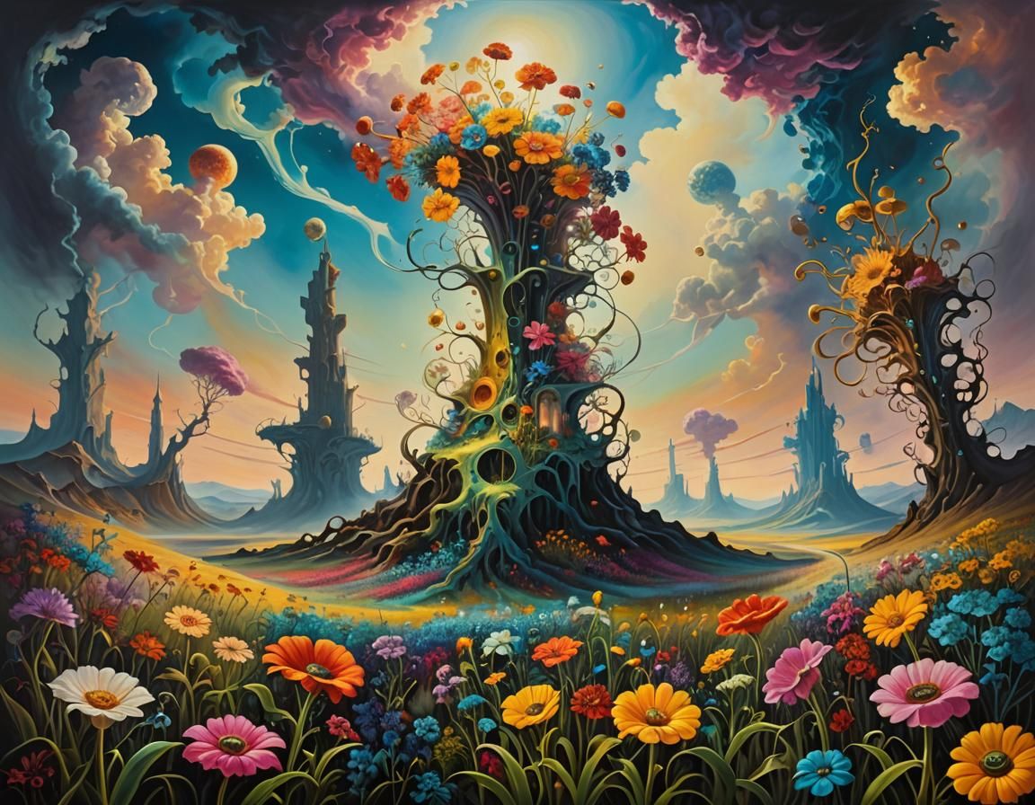 Surreal Steampunk Flower Field in Ethereal Light