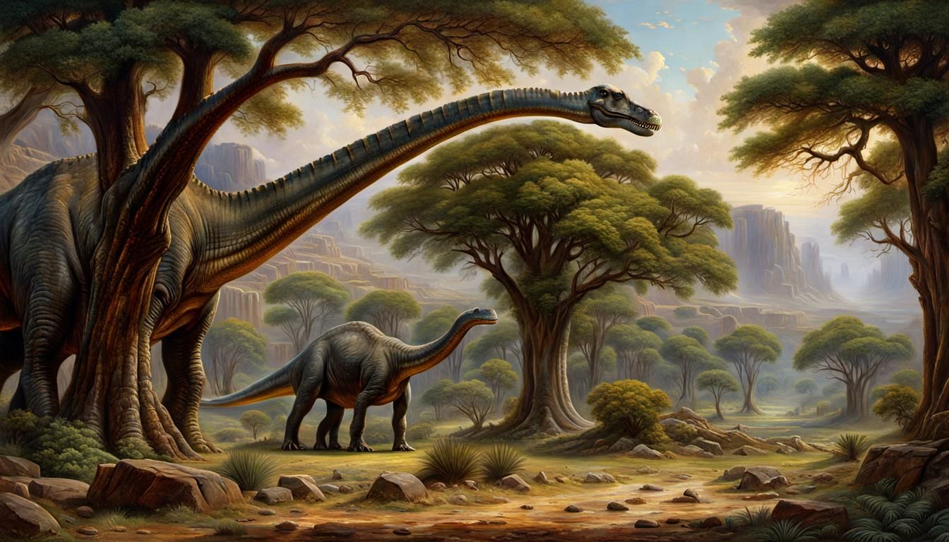 Diplodocus in Prehistoric Landscape as Oil Painting