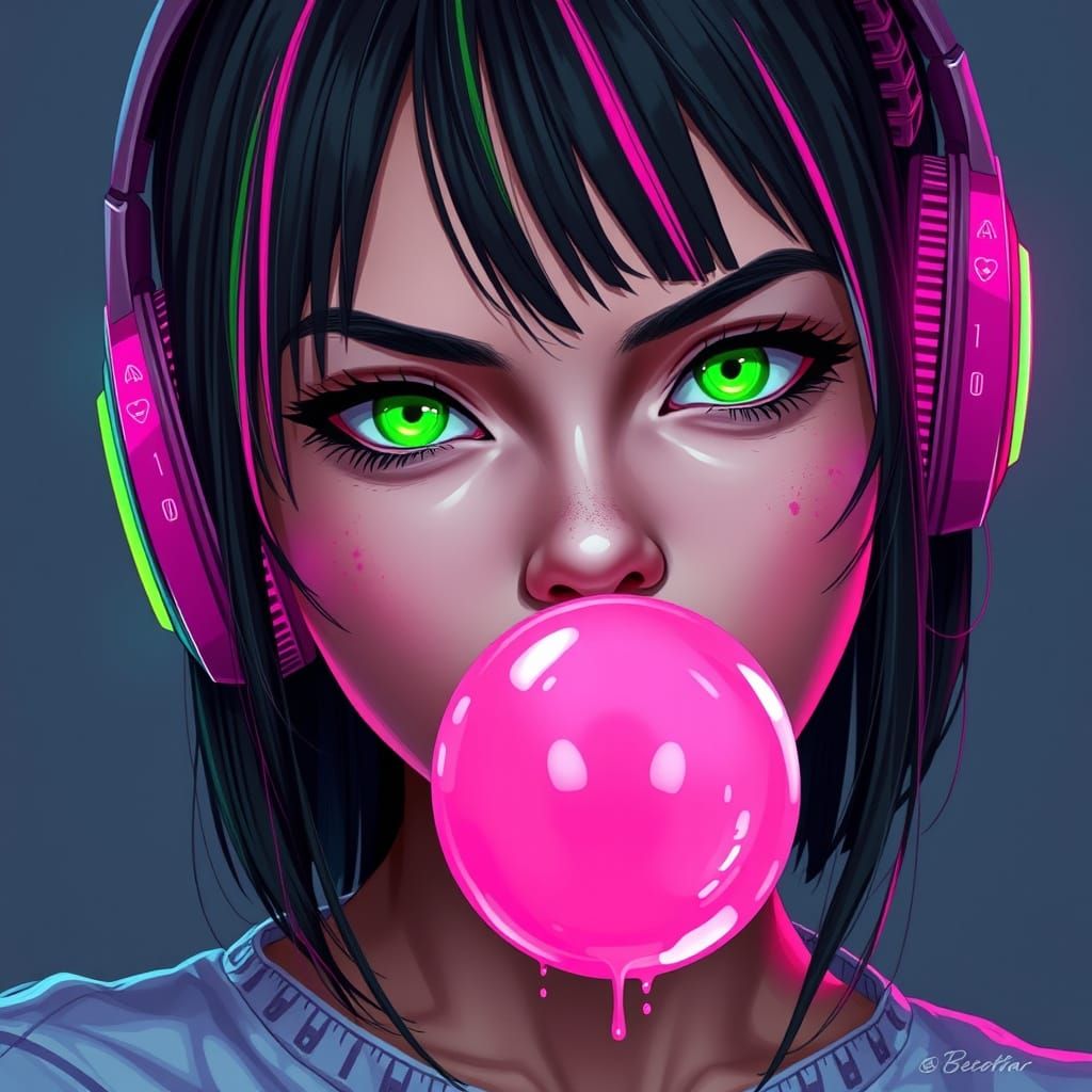 Vibrant Teenage Girl with Glowing Green Eyes in Futuristic S...