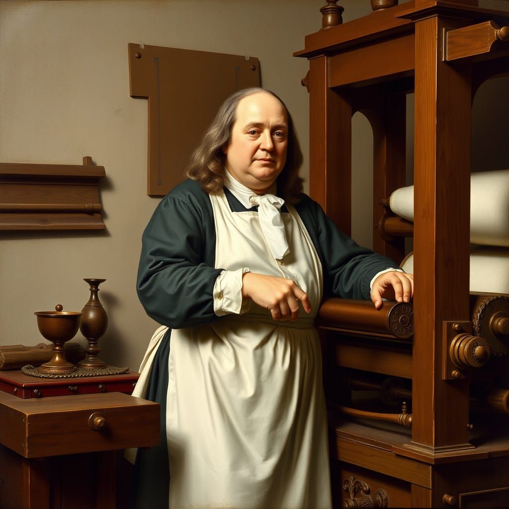 Benjamin Franklin at Printing Press in Neoclassical Style