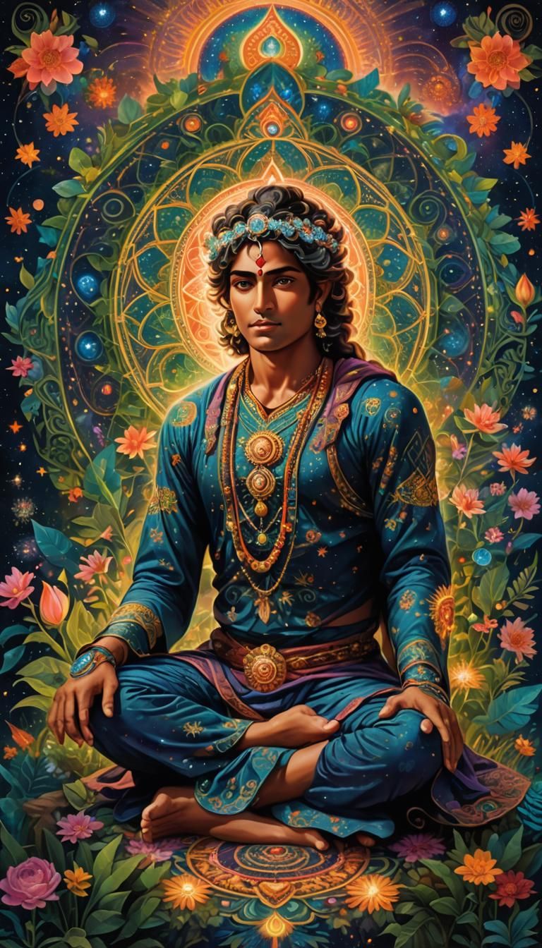 Arjuna's Cosmic Meditation in Visionary Art Style