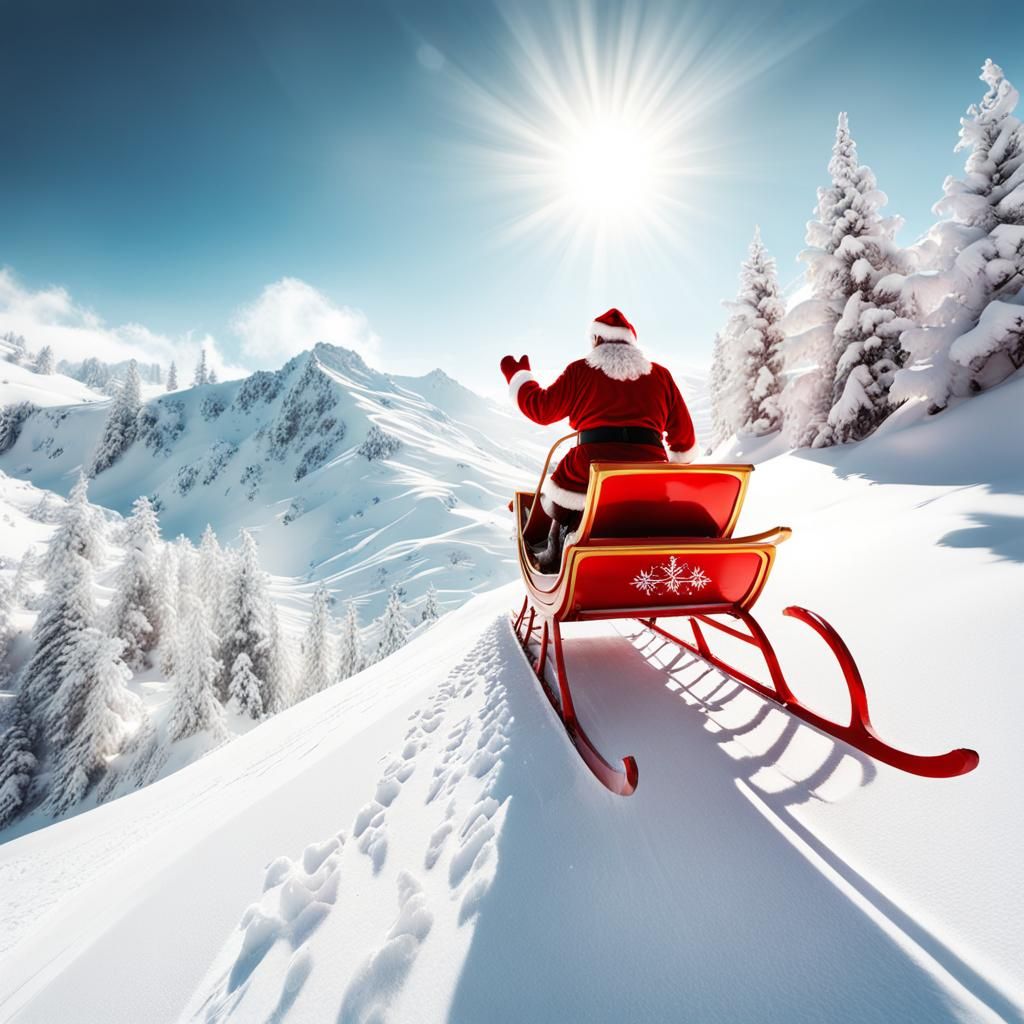 Santa's Sleigh Over Snowy Mountain in 3D