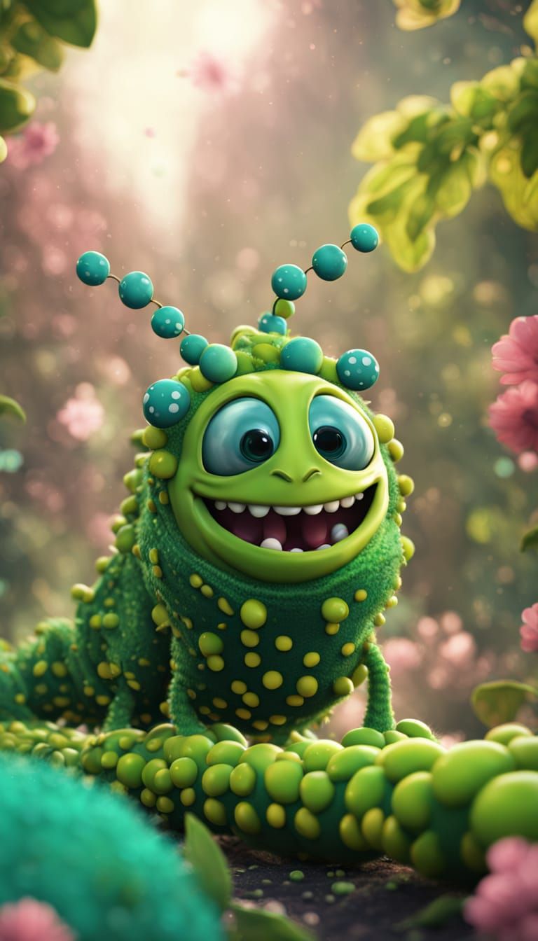 Excited Green Caterpillar in Detailed Matte Style