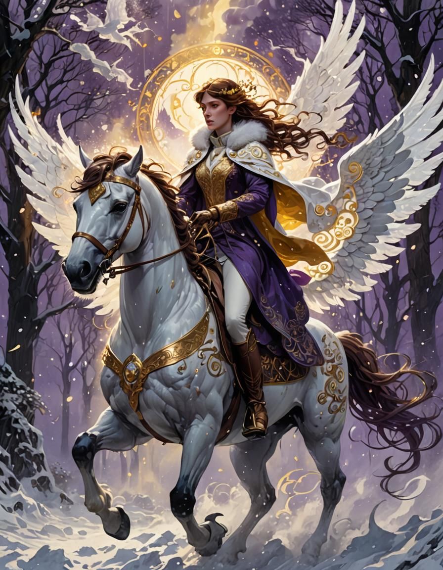 Pegasus Ride in Snowstorm, Alphonse Mucha Style