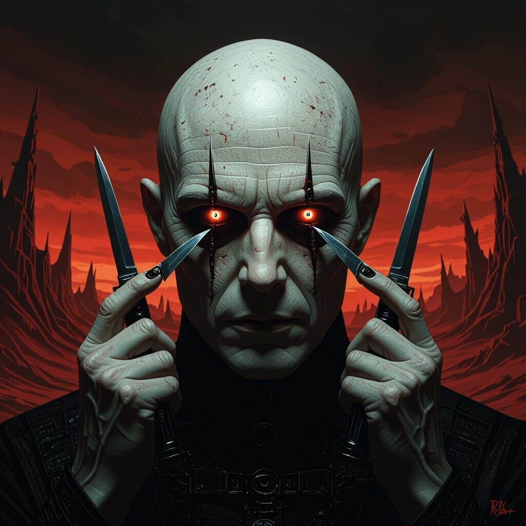 Bald Cenobite Vision with Knives Piercing Future