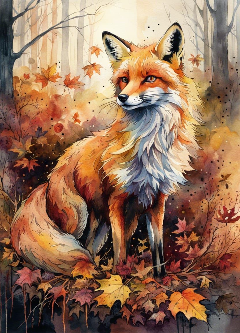 Golden Autumn Fox in Watercolor Forest