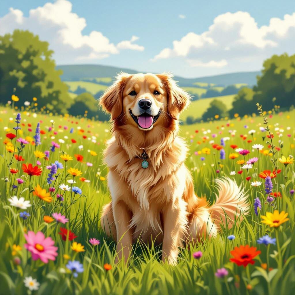 Golden Retriever in Wildflower Meadow, Potter Style