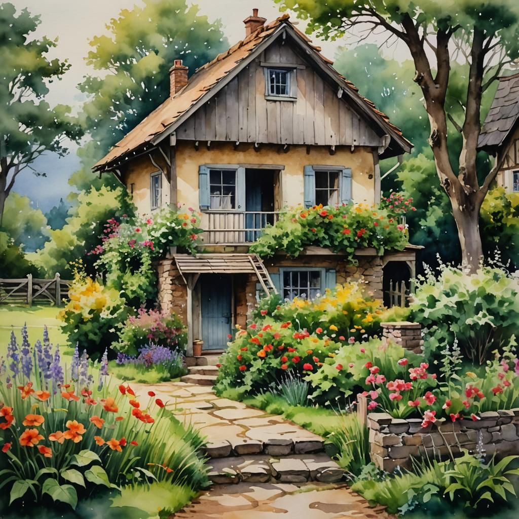 Watercolor Painting of an Old Cottage