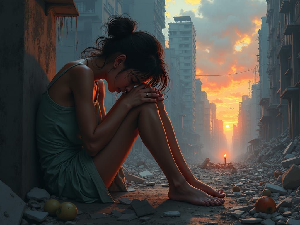 Young Woman Overwhelmed with Grief in a Ruined Cityscape