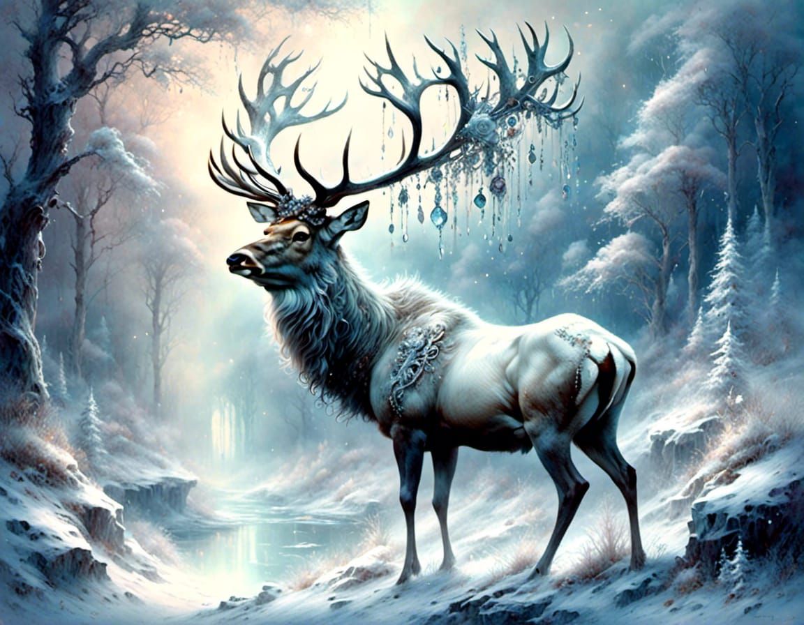 SNOW CRYSTALS - A majestic mythical snow white elk with snow...