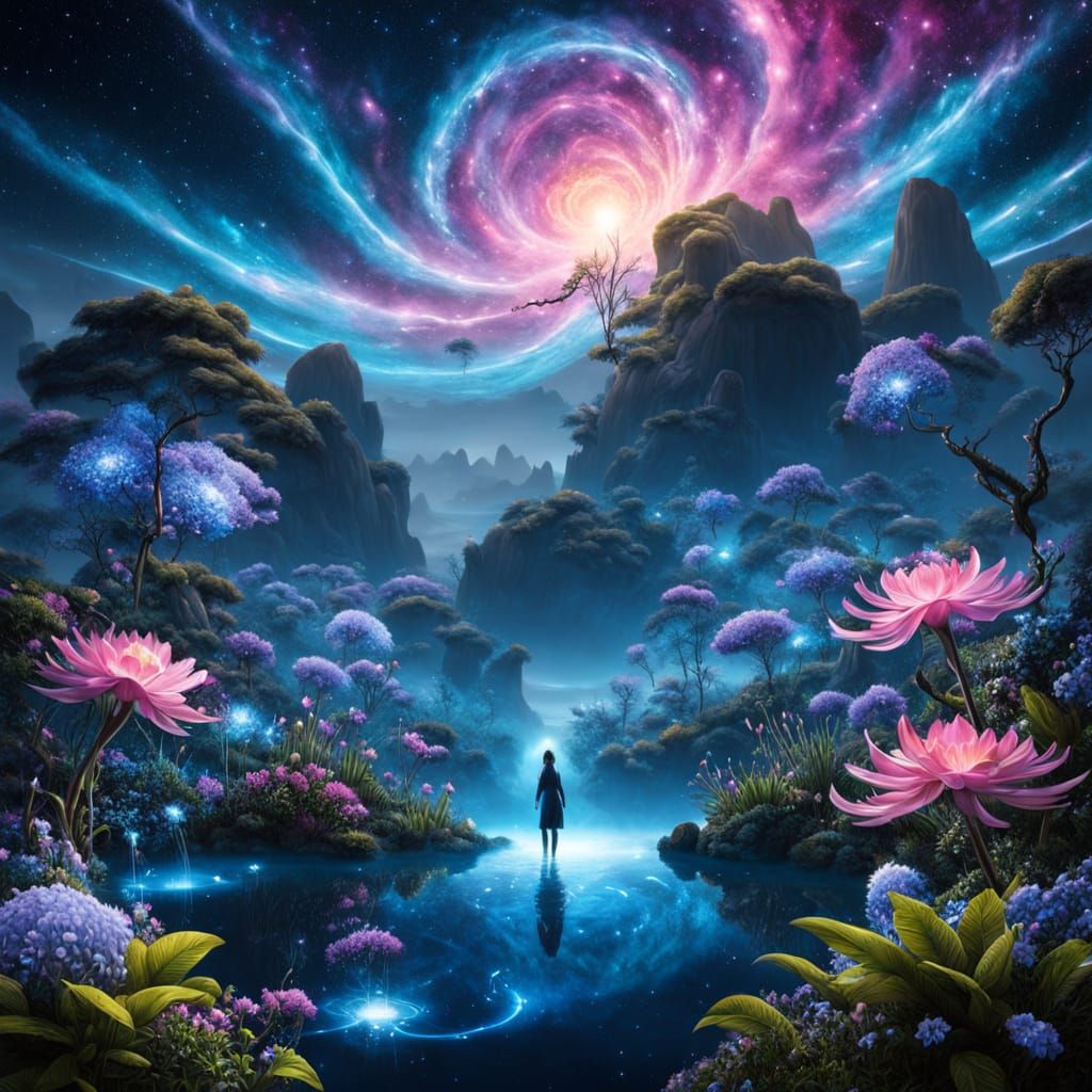 Astral Garden with Bioluminescent Flowers Under Nebula Sky