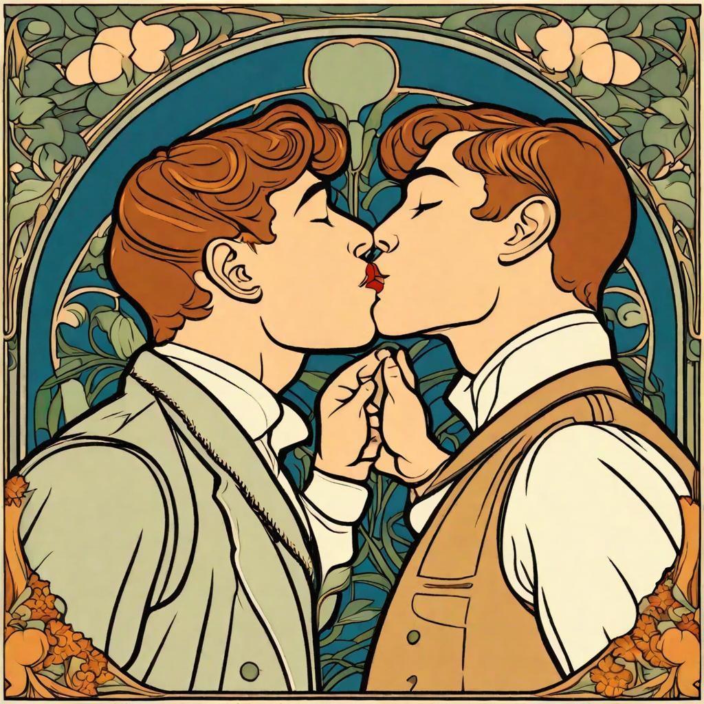 Romantic Kissing Scene in Art Nouveau Style