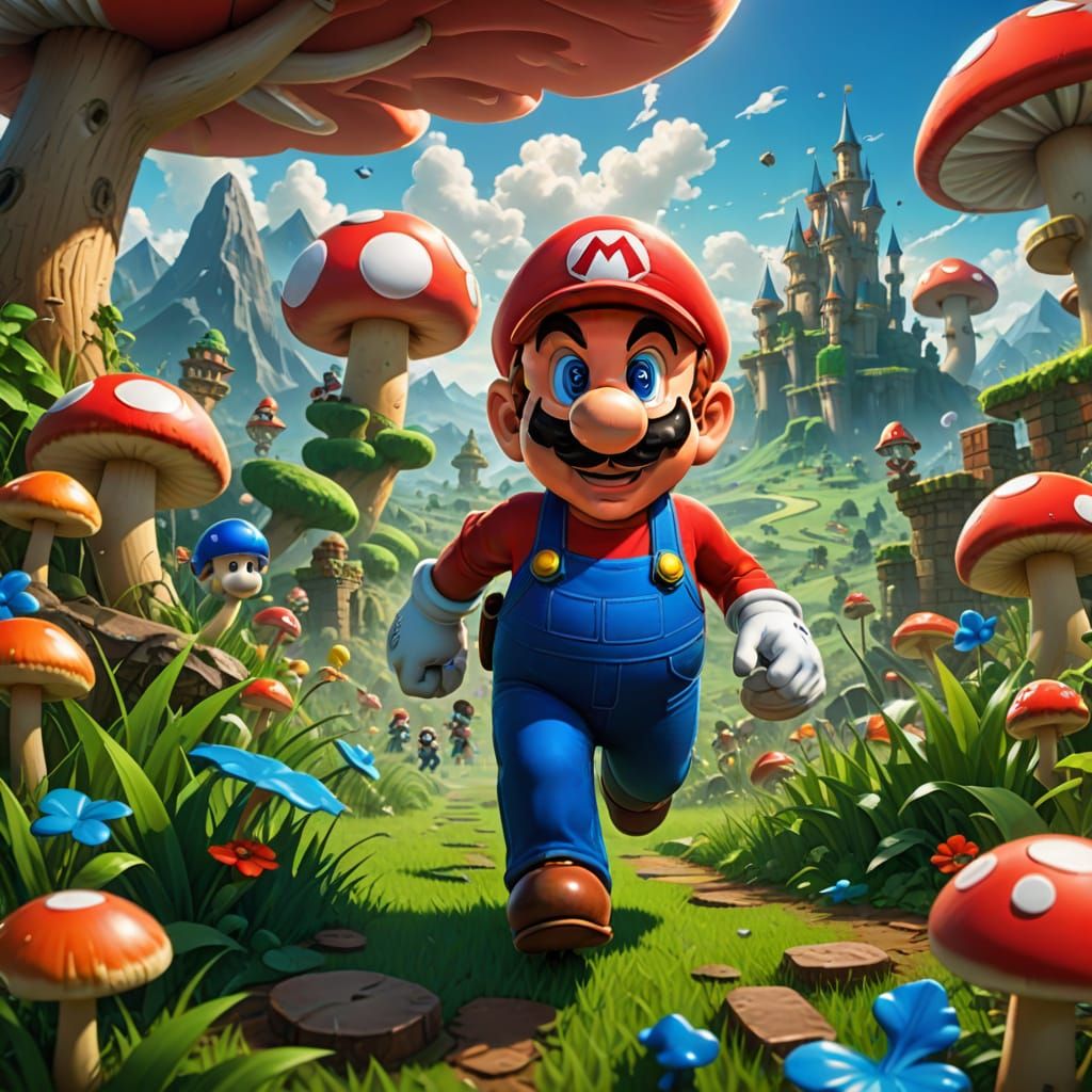Mario in Vibrant Mushroom Kingdom Landscape