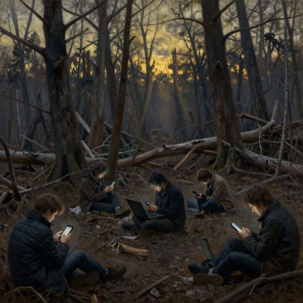 Mournful Forest Scene With Technology Apathy