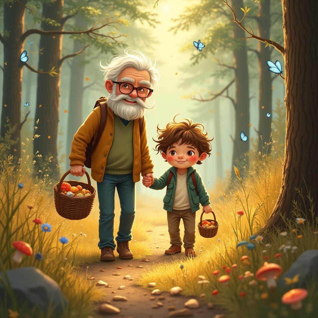Grandfather and Grandson Stroll Through Serene Forest