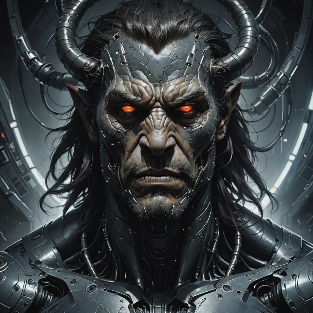 ultra close-up, futuristic portrait of man beast, full body, out for world dominance, dark, soft light on face, creepy, ...