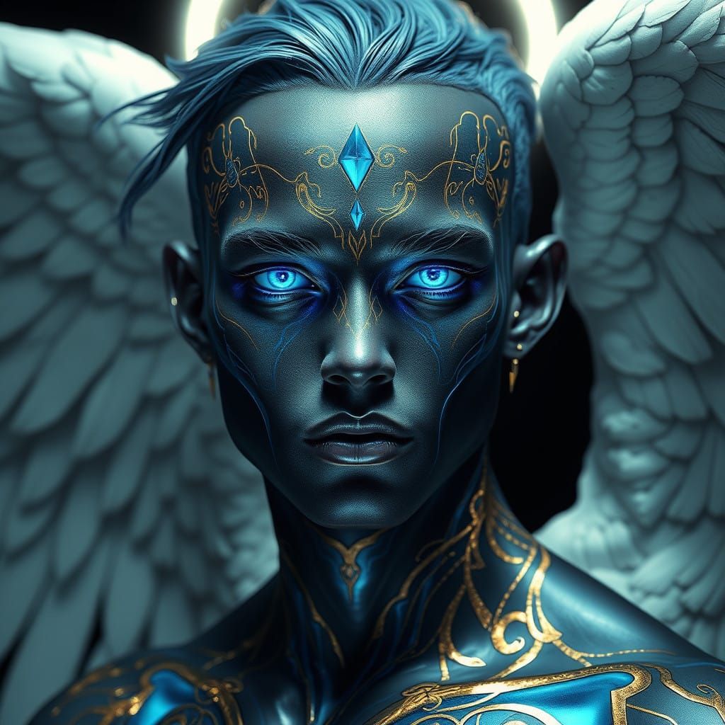 A very beautiful utopic angel  man with dark Transparent skin, sapphire blue eyes, makeup  looks like cyborg with 3d tat...