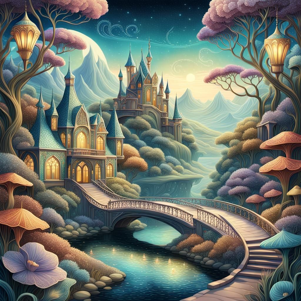 Shimmering Fantasy Landscape in Art Nouveau Style