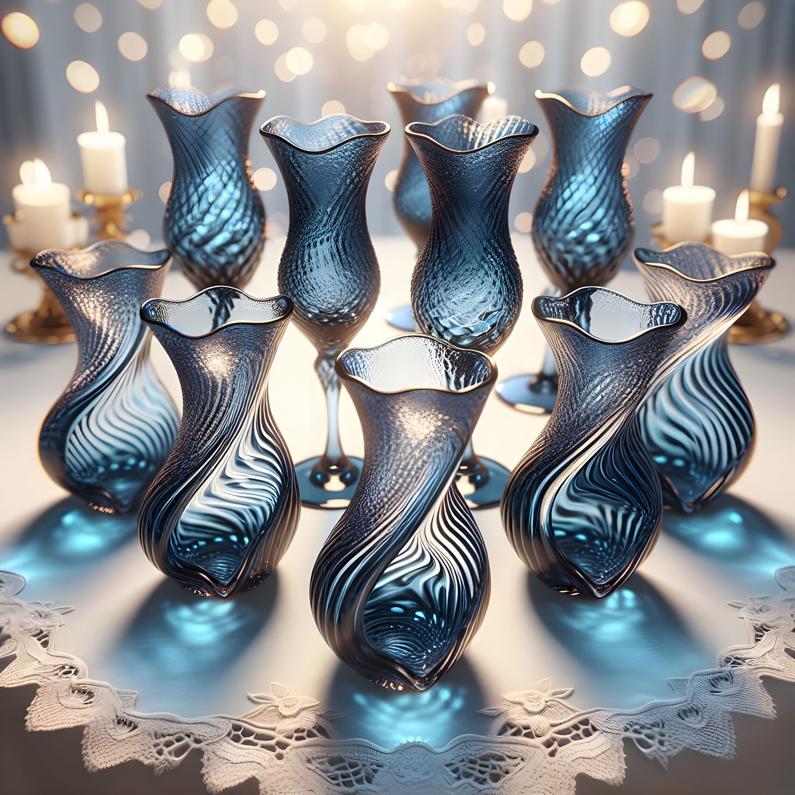 Whimsical Wavy Blue Glassware on Lace Tablecloth