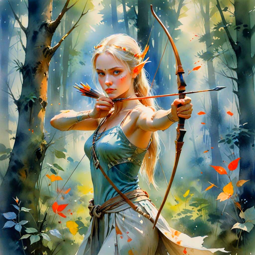 Elven Archer in Forest Watercolor Portrait