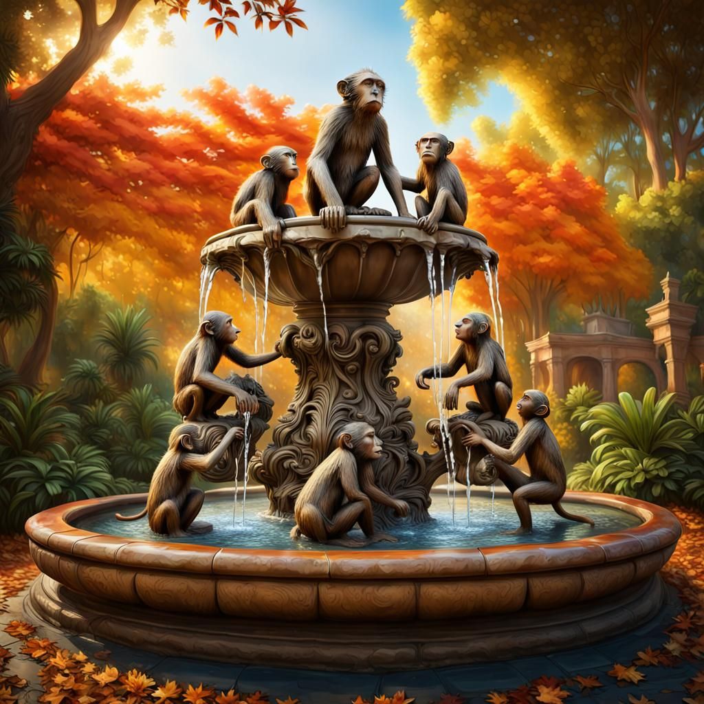 majestic water fountain, adorned with a magnificent bronze statue of playful little monkeys