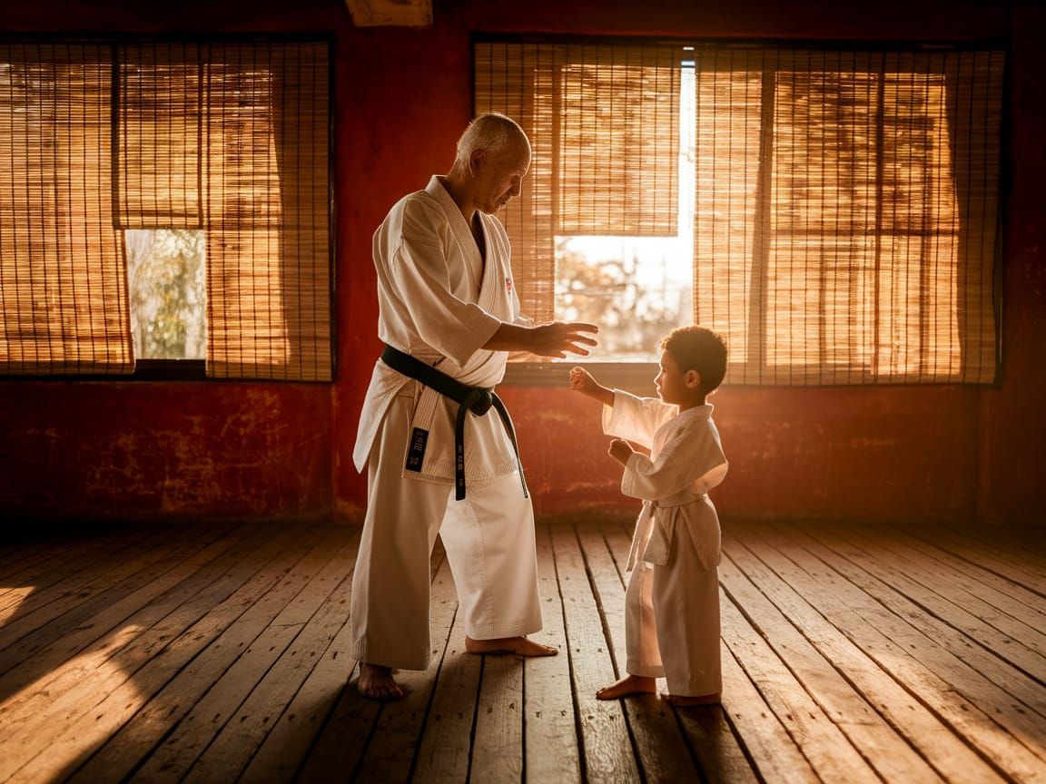 Karate Master and Student in Ancient Dojo
