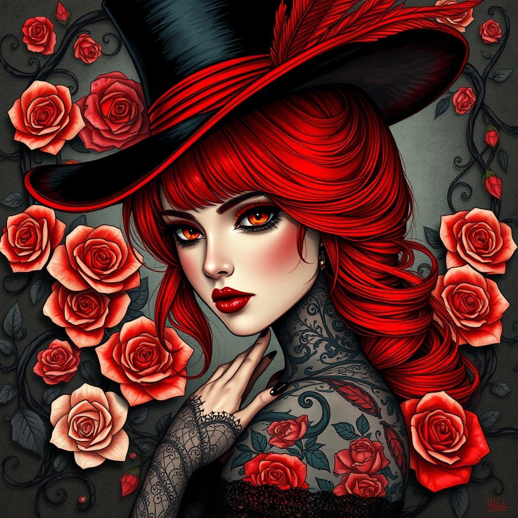 Whimsical Gothic Goddess with Roses and Lace