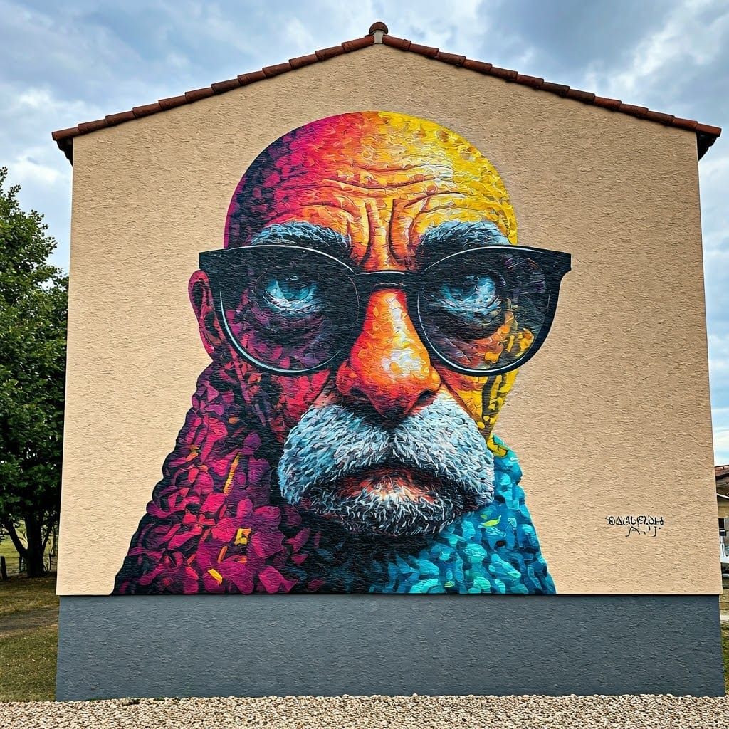 Stucco Building Street Art in Bold Graphic Style