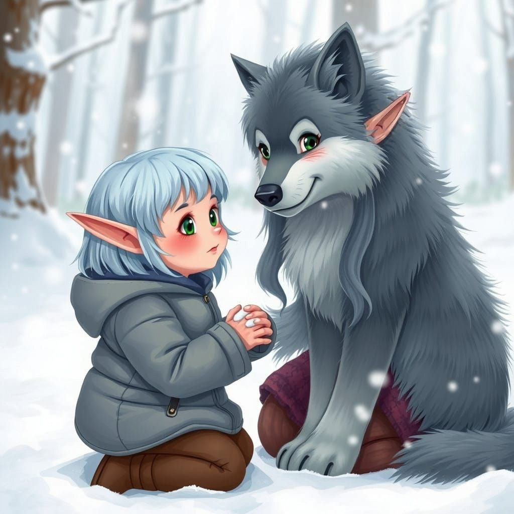A very young female elf child with silver-blue hair and green, rosy cheeks wearing a puffy grey winter jacket, kneeling ...