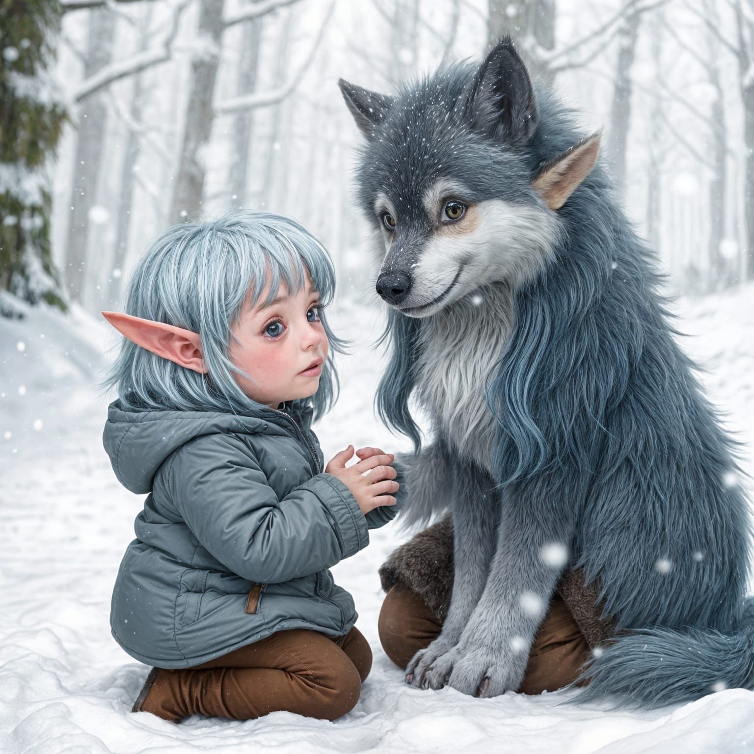 A very young female elf child with silver-blue hair and green, rosy cheeks wearing a puffy grey winter jacket, kneeling ...