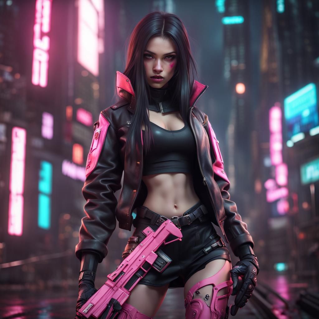 Cyberpunk Girl with Dark Hair in Pink Outfit