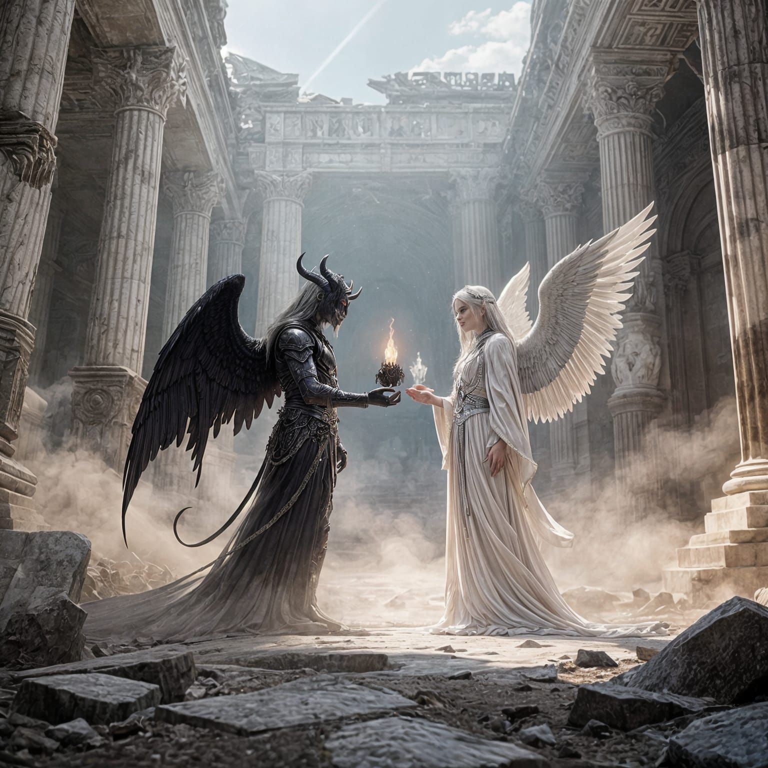 Angel and Devil Exchange Gifts in Ancient Temple