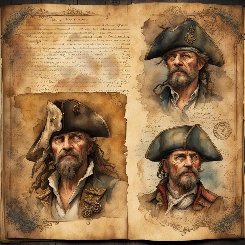 Old Pirate and Map in Watercolor Style