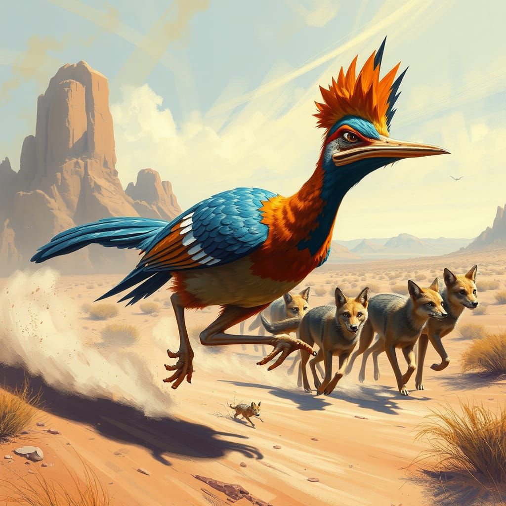 Gigantic Roadrunner Bird Chasing Coyotes in Desert Landscape