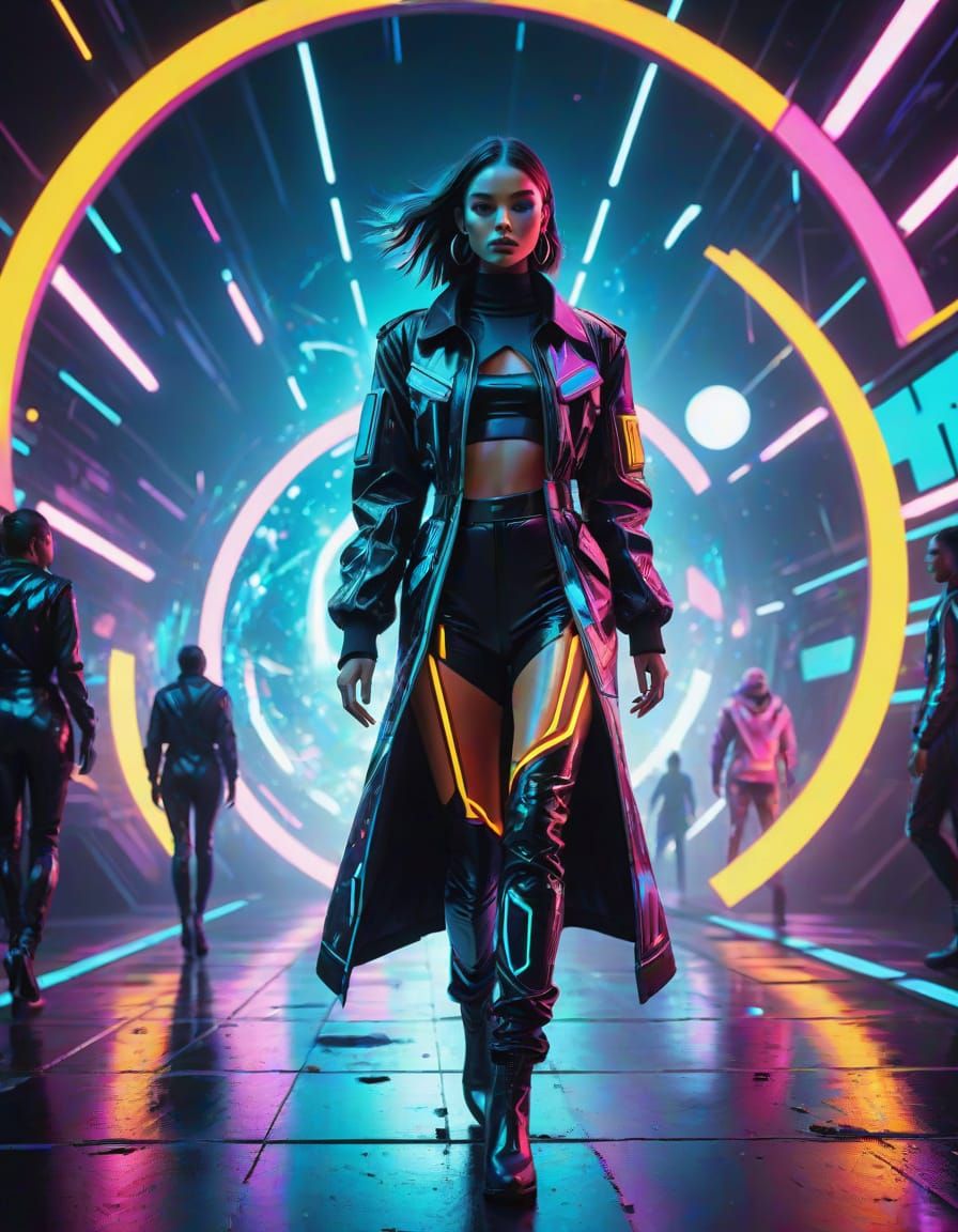 Futuristic Model Showcases Digital Fashion in Neon Galaxy