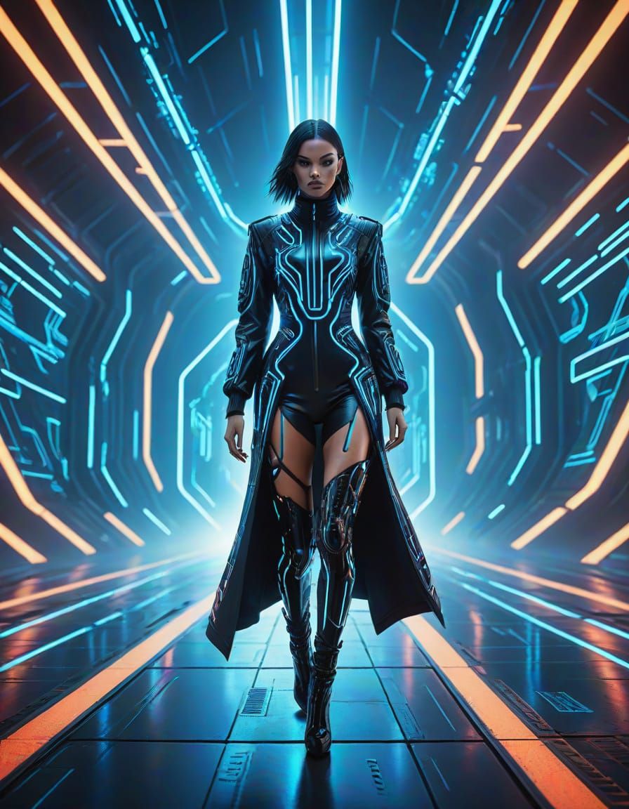 Futuristic Model on Galaxy Runway in Cyberpunk Style