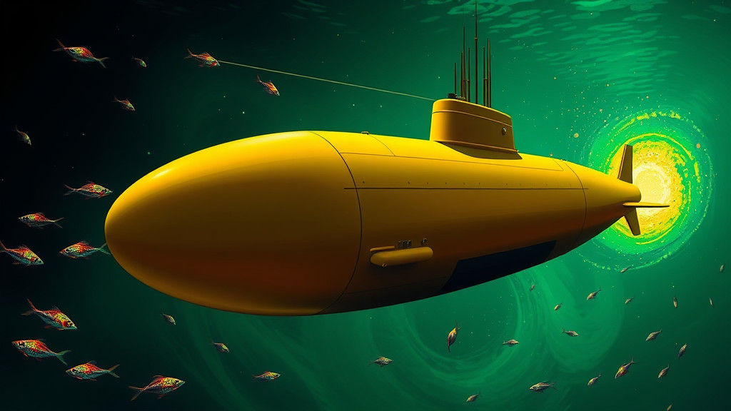 Psychedelic Submarine Slices Through Emerald Green Sea
