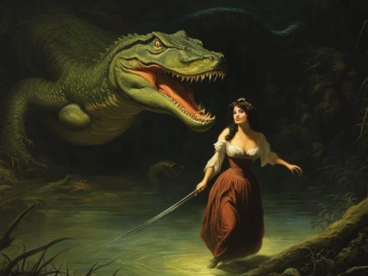 Terrified Woman Fleeing Lizardman, Oil Painting