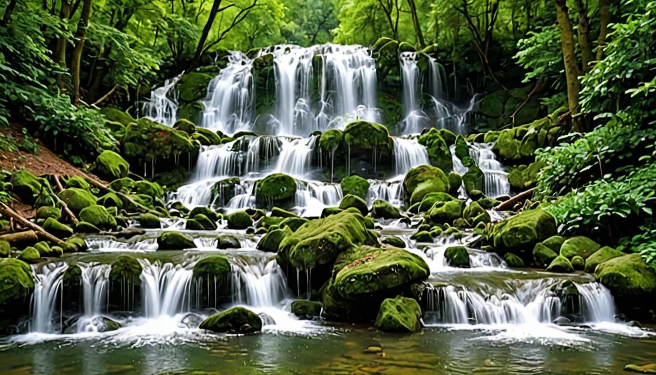Picturesque Waterfall in Lush Green Landscape