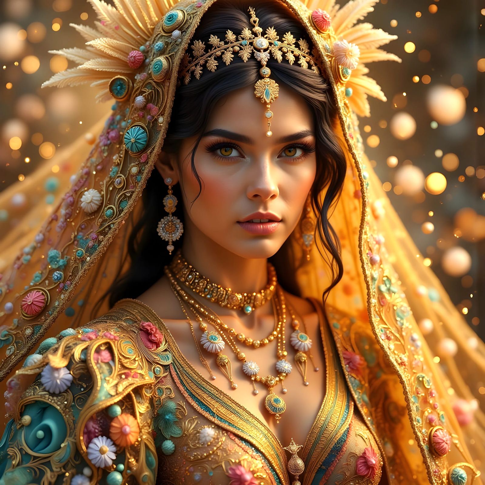 Dark Oil Painting of a Beautiful Arabian Princess in Exquisi...