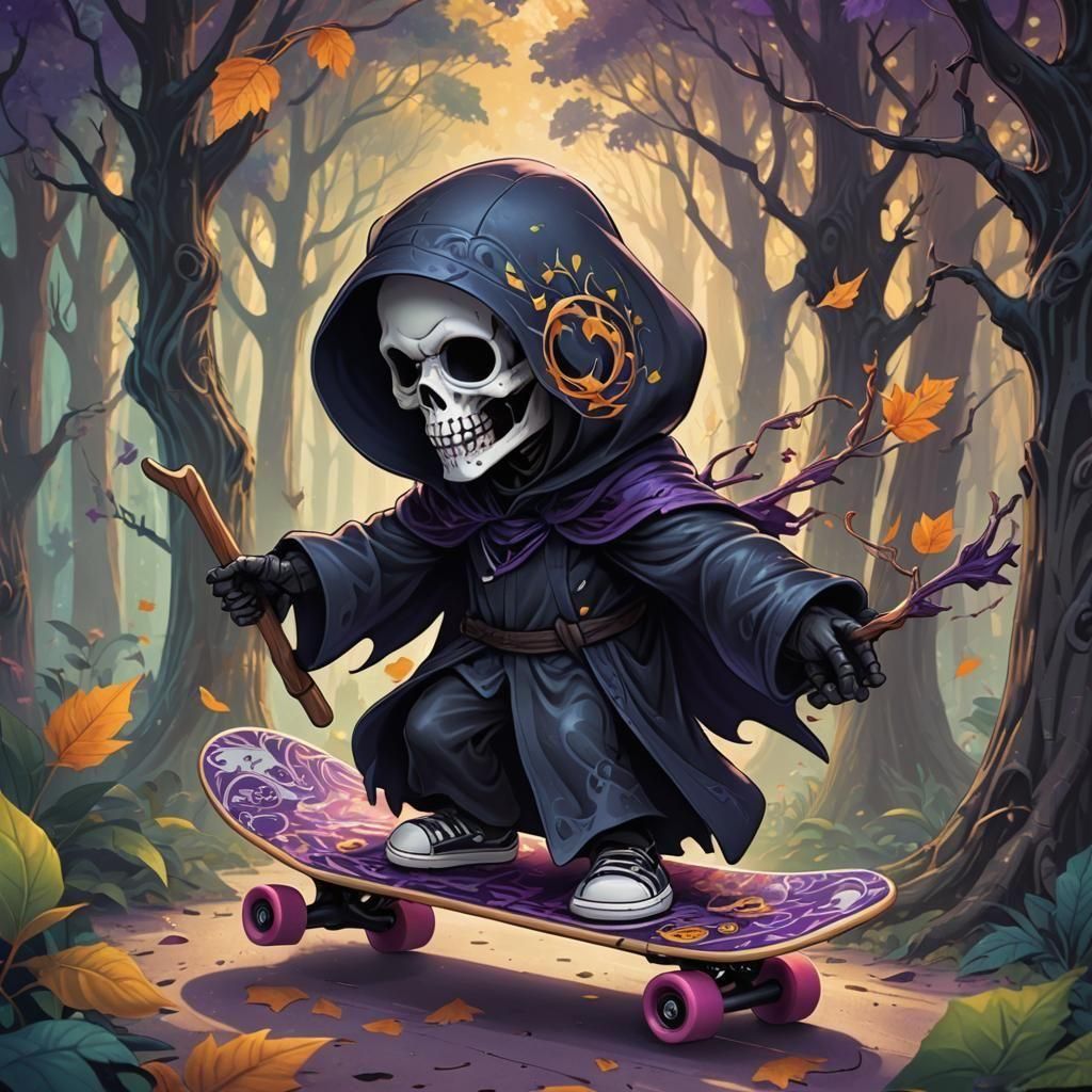 Chibi style. Medium shot. The Grim Reaper rides a skateboard through a mystical forest. Close-up. Vibrant digital painti...